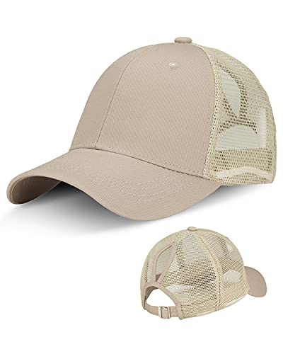 LIVACASA Baseball Cap Damen Pferdeschwanz Mesh Basecap Baseball Hut Atmungsaktiv Cappi Sonnenhut Sonnenschutz Mädchen Kappe schildkappe Schirmmütze Cappy Kopfumfang 52-61cm Beige