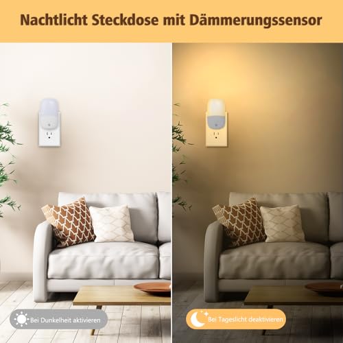 echosari Nachtlicht Steckdose mit Dämmerungssensor, 2 Stück LED Nachtlicht mit Helligkeit Dimmbare, ON/OFF/AUTO Modi, 2700K WarmWeiß Steckdosenlicht für Kinder, Treppe, Flur, Schlafzimmer, Küche
