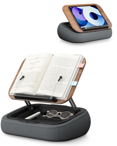 SupeDesk Soporte para libros para leer, soporte de lectura ajustable para sofá, cama, escritorio, cojín de lectura suave con clip lateral y espacio de almacenamiento, plegable, manos libres, esencial