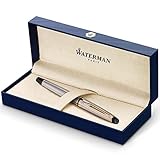 Waterman Expert rotulador roller, acero inoxidable con adorno de oro de 23 quilates, punta fina con cartucho de tinta negra, estuche de regalo