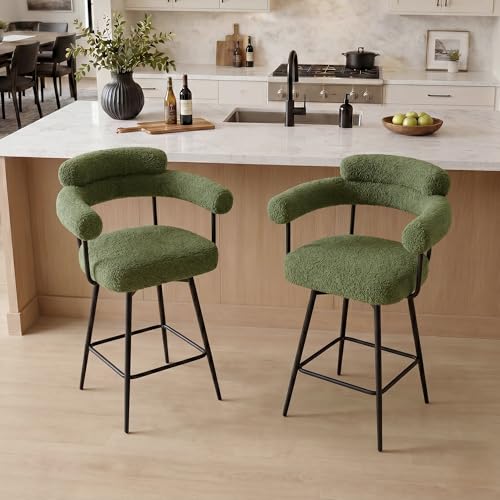 Butacos giratorios de altura para barra con respaldo completo, butacos tapizados en sherpa de 26 pulgadas, con reposapiés metálico, estilo moderno para isla de cocina o pub doméstico (verde, juego de 2)
