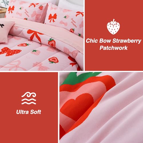 Image of A Nice Night Red Bow Comforter Set,6Pc Full Bedding Sets for Girls | Cute Ribbon Bowknot Strawberry Printe,Bed in a Bag With Sheet Sets,Light Pink Room Decor,Ultra Soft,Machine Washable