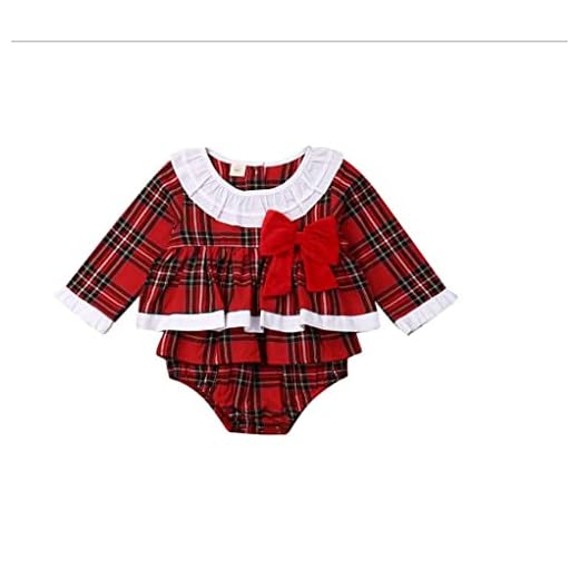Geagodelia Navidad Mameluco de Bebé Niña Body Navideño a Cuadros Manga Larga Mono Lindo con Volantes Lazo Recién Nacida Romper de Fiesta Navidad (Rojo, 6-12 meses)