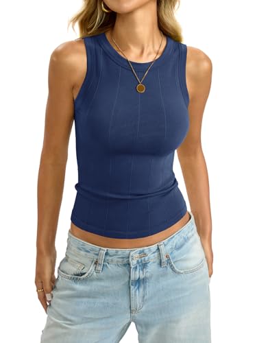 Image of EasyGala Womens Ribbed Seamless Tank Knit Crew Neck Shirt Summer Fitted Sleeveless Top Casual Basic High Neck Clothes