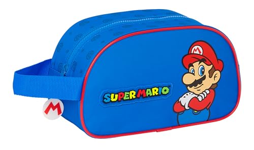 Super Mario Play - Neceser Escolar Infantil Mediano con Asa, Neceser Infantil, Adaptable a Carro, Fácil Limpieza, Cómodo y Versátil, Calidad y Resistencia, 26x12x15 cm, Color Azul/Rojo