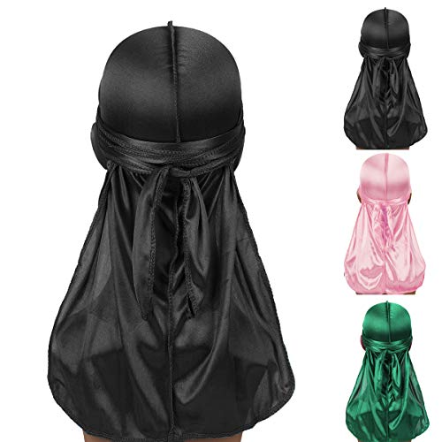 Homeriy 3 Stück Seidig Weicher Durag mit Langem Schwanz für Männer 360-Wellen-Kopfwickel mit Wellenkappe Grün + Pink + Schwarz + Perückenhut Cover