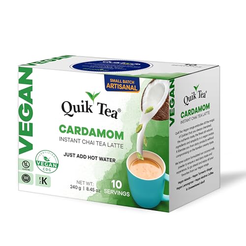 QuikTea Vegan Instant Cardamom Chai Tea Latte, 10 Single-Serve Sachets, Authentic Indian Chai Made