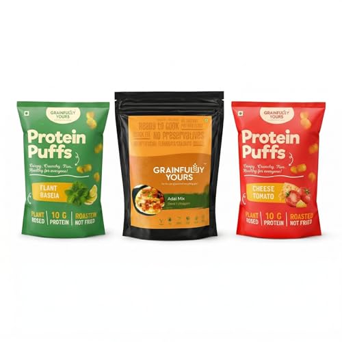 Image of Grainfully Yours Healthy Protein Snack & Breakfast Combo - Protein Puffs Lemon Pudina, Cheesy Tomato & Adai Mix, Plant-Based, High Protein, Roasted Snacks & Traditional Millet Mix, No Preservatives