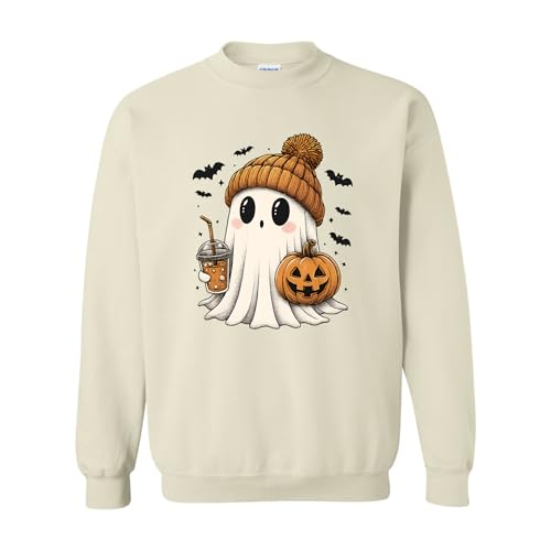 Cute Halloween Ghost Sweatshirt – Cozy Fall Pullover with Pumpkin, Boba Drink & Bats – Unisex Printed Crewneck