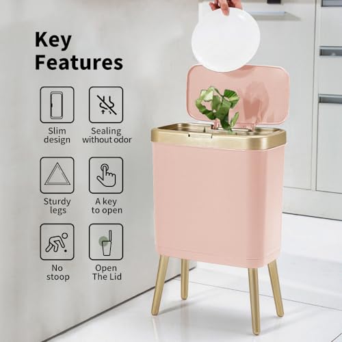 Procade PR-0418 2Pack Office Trash Can With Lid, Bathroom Garbage Bin With Gold Edge, Modern Pink Trash Can For Bedroom, Slim Waste Basket Plastic Trash Bin For Room,Kitchen thumb #4