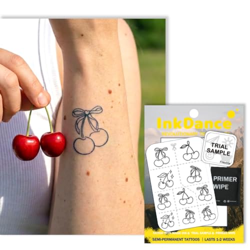 InkDance Semi-Permanent Tattoo, Sweetheart Cherries, Fine Line Cherry, Y2K, Long Lasting Temporary Tattoos, Waterproof Plant-Based Ink, Lasts 1-2 Weeks, Color Develops in 24 Hours X030