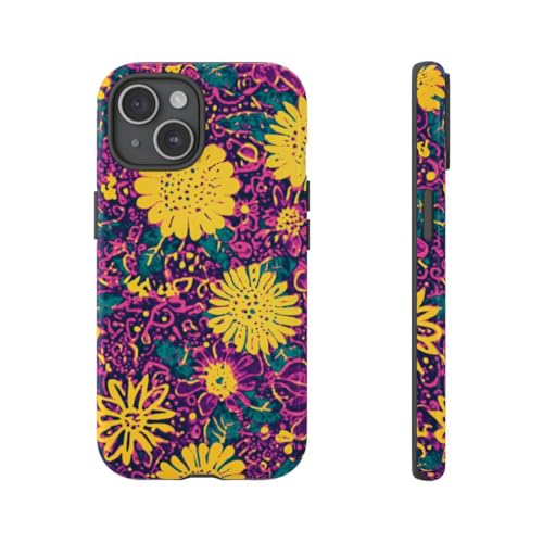 Coque rigide iPhone 15 fleurs violettes et jaunes protection antichoc brillante