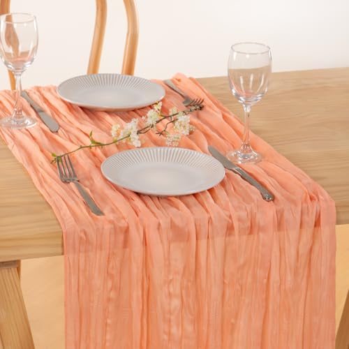 Image of MLMC 3 Pack Peach Cheesecloth Table Runner 10ft Summer Rustic Gauze Cheese Cloth Table Runner 35x120 Inches for Wedding Bridal Baby Shower Party Decor