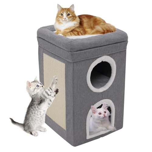 Siairo Cuccia per gatti pieghevole, cuccia per gatti da interni, 3 strati, con tavola tiragraffi, palla da gioco, cuccia per gatti di medie dimensioni di grandi dimensioni, grigio