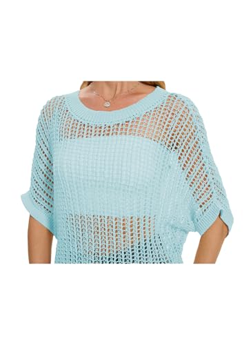 Image of LOZ Womens Summer Scoop Neck 3 /4 Sleeve Sweater Casual Crochet Hollow Out Knit Tops Pullover Shirts Beach Coverup