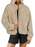 ANRABESS Womens Fuzzy Fleece Jacket Fall Casual Long Sleeve Cropped Sherpa Button Down Shacket Coats Outwear With Pockets Khaki Medium