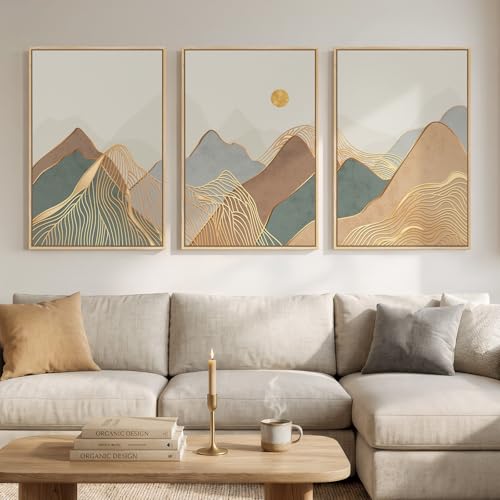 Large Framed Boho Modern Mountain Wall Art for Living Room, 3 Piece, 24x36