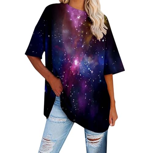 Image of Galaxy Shirt Women's Galaxy Print Blouse Fashionable Glitter Starry Sky T-Shirt for Women Crew Neck Blouse Carnival Costume Party Top Short Sleeve Tops, K-black, XXL