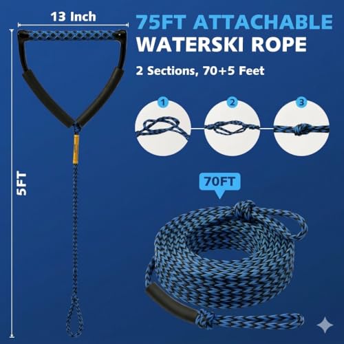 75FT Ski Ropes for Water Skiing, Wakeboard Rope and Handle, Blue and Black - Thumbnail 4
