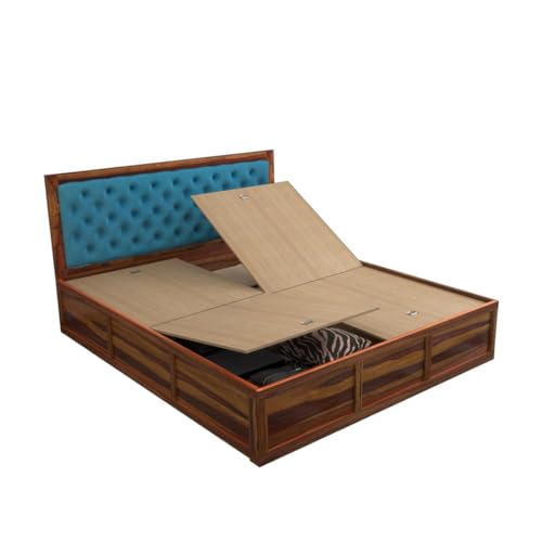 Image of DRIFTINGWOOD Dolvi Solid Sheesham Wood Queen Size Bed with Storage | Wooden Double Bed Cot Bed with Box Storage & Upholstered Blue Cushioned Headboard for Bedroom | Rosewood, Honey Finish