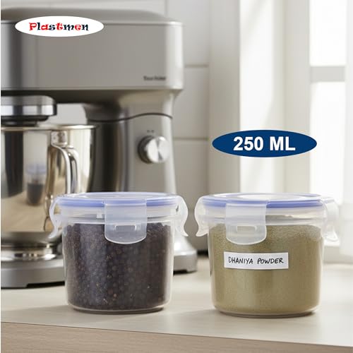 Image of Round Storage Container with Lock 250 ML | Airtight Leakproof Plastic Food Storage Box | BPA Free Kitchen Container for Spices, Snacks & Dry Fruits | Transparent Round Container (Set of 6)