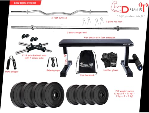 Image of DREAM FIT PVC Home Gym Set - 20 kg with 1 Flat Bench with Foot Extension, 3 ft Curling Rod, 5 ft Straight Rod, 1 Pair Dumbbell rods and Gym Accessories (20kg)