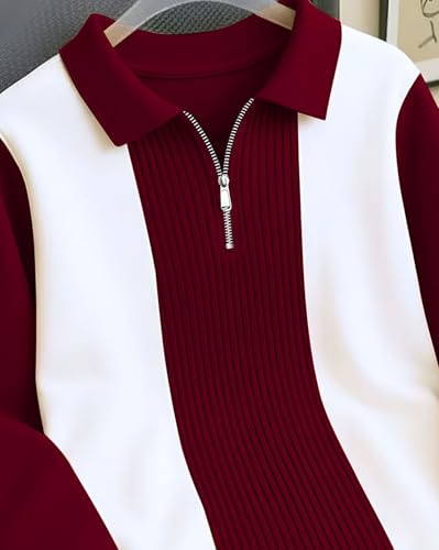 Image of Mens Stylish Half Zipper Collared Neck Tshirt, Casual Texture T-Shirt for Men, Formal Full Sleeves T-Shirt for Boys, Texture Tshirs for Boy