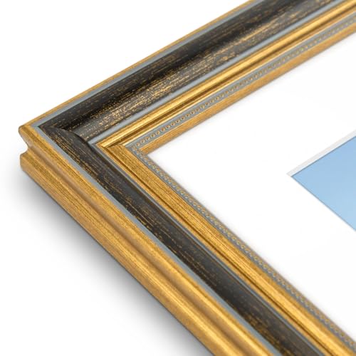 Image of Golden State Art,12x16 Ornate Picture Frame Holds 8.5x11 Photo,Black Gold | Includes real glass front,white mat,build-in hangers and buttons.Displays 8.5x11 photo on wall