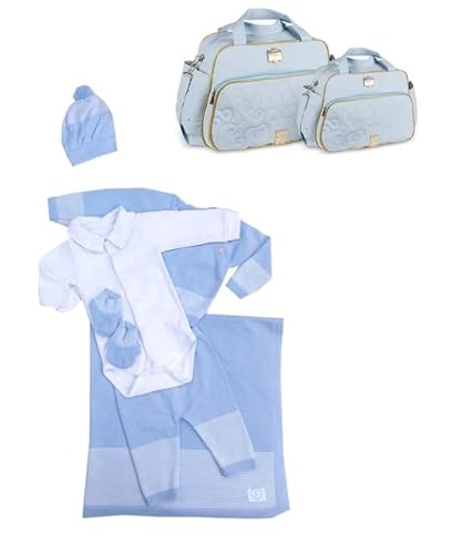 Kit Saída Maternidade Completa Azul Com Sapatinho + Kit Bolsa Azul Bebê Com Trocador Luxo Cor:Azul;T