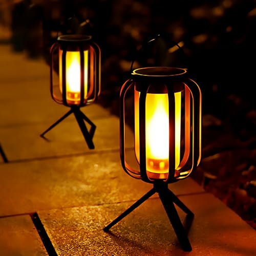 Solar Lanterns Outdoor Waterproof Garden Decor (2 Pack), Flickering Flame Hanging Solar Lights with Tripod Decoration Outside for Yard, Patio, Backyard, Garden, Ideal Gifts for Women Mom Grandma