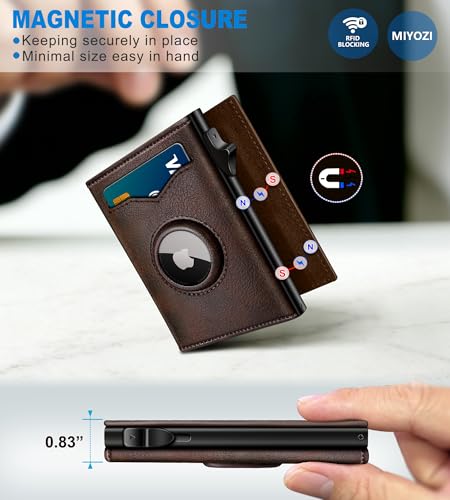 Image of miyozi Airtag Wallet for Men,with Cash Pocket 2 ID Window 9-12 Cards,Metal Case Smart Slim Pop Up Credit Card Holder Flip with Magnetic Closure RFID Blocking Trifold wallet with Gift Box
