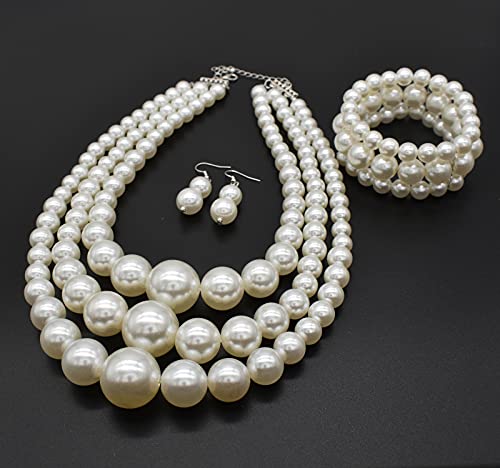 utop Large Multi Strand Chunky Pearls Necklace and Earring Set - Costume Jewelry for Women4