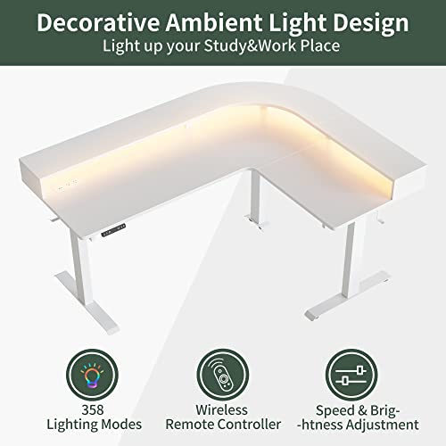 Image of FEZIBO L Shaped Standing Desk with Arc LED & Power Outlet, Exclusive Uprated 3 Motors Support 330LB, Electric Height Adjustable L Shaped Desk with Large Monitor Stand, for Home Office, White