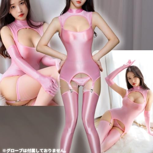 レオタード セクシー 過激 透け ハイネック 光沢 シースルー セット コスプレ ニーハイ ボディースーツ ボディタイツ 谷間 長袖 伸縮性 大きいサイズ (ピンク) - 画像3