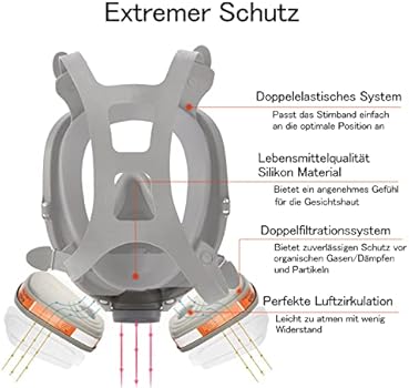 RHINO Herbruikbaar gasmasker met volgelaatsmasker voor organische dampen, zure gassen, fumiganten, verf, gelaatsbescherming met filter en veiligheidshandschoenen (RH-7011B