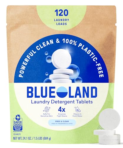 BLUELAND Laundry Detergent Tablets 120 Count Plastic-Free Eco-Friendly Pods Sheets Liquid Alternative - Fragrance Free and Clear Safe for Sensitive Skin Lifts Tough Stains & Odors