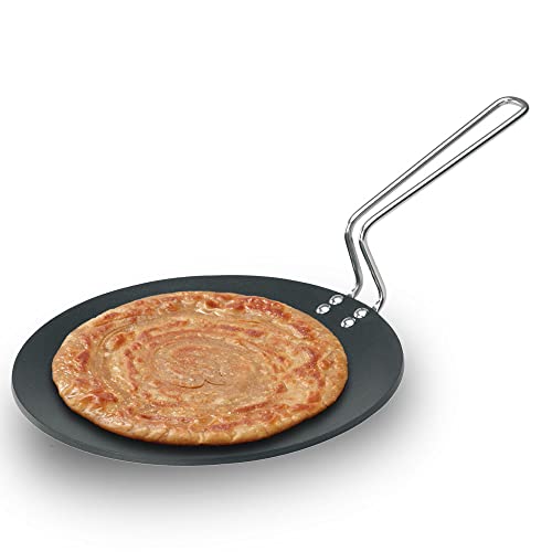 Futura Tava Griddle Pan Nonstick Q50 26cm Aluminium 4.88mm Thick, Non-Toxic, Non-Staining, Stainless Steel Stay-Cool 6mm Thick Handle, Cooks Cutlets Pancakes Chapati Roti, Heavy Gauge Rounded Base by Hawkins