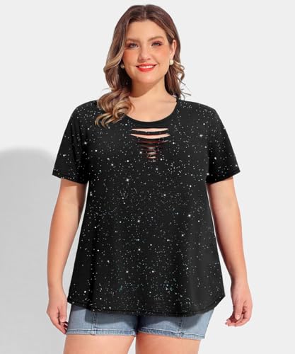 CARCOS Plus Size Tops for Women Short Sleeve Shirts Basic Tee Solid Color Blouse V Neck Tunic Loose Fit Tshirts Summer XL-5XL2