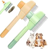 Cat Brush & Dog Brush Self-Cleaning Pet Hair Removal Tool with Long & Short Stainless Steel Teeth, Flea Comb for Shedding, Detangling, and Grooming for Cats & Dogs (Green+Yellow)