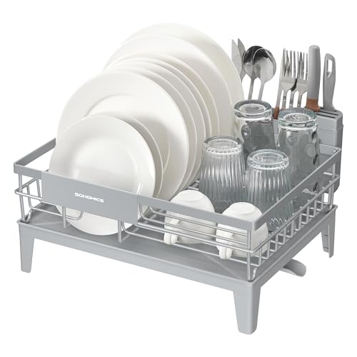 Image of SONGMICS Dish Drying Rack, Kitchen Dish Rack with Drainboard, 360 Rotatable and Extendable Spout, with Cutlery Holder, 12.2 x 16.5 x 7.3 Inches, Dove Gray UKCS550G01