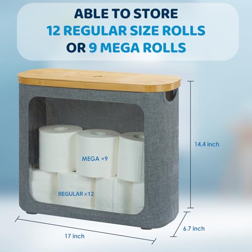 ROSOS Toilet Paper Basket, Toilet Paper Storage with Lid for 12 Rolls, Bathroom Storage Organizer with Bamboo Lid, Grey — view 6