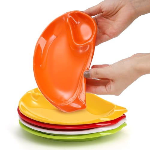 Yesland 5 Pack Chips and Dip Plates, Melamine Dipping Bowl Divided Dumpling Plate with Sauce Holder 8.5 x 5.5 Inch Reusable Snack Dishes for Appetizer, Sushi, Taco Salsa, Charcuterie, Multi-color