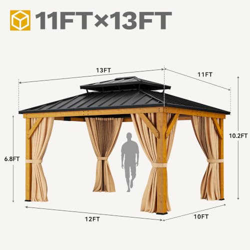 DWVO 11X13FT Gazebo Wood Outdoor Wooden Frame Double Roof Hardtop Galvanized Steel Top Canopy w/Curtain and Netting, Patio Heavy Duty for Deck, Backyard, Beige Yellow - Image 8