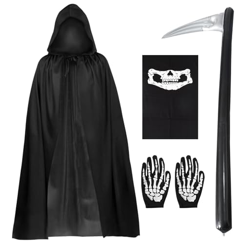 FUIPVGI 4 Piezas Disfraces de Parca de Terror Misterioso,Disfraz Bruja,140cm Capa Negra Calavera Cuello Bufanda Guantes Accesorios de Hoz Inflables Disfraz de Parca para Halloween Cosplay (Negro)