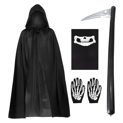FUIPVGI 4 Piezas Disfraces de Parca de Terror Misterioso,Disfraz Bruja,140cm Capa Negra Calavera Cuello Bufanda Guantes Accesorios de Hoz Inflables Disfraz de Parca para Halloween Cosplay (Negro)