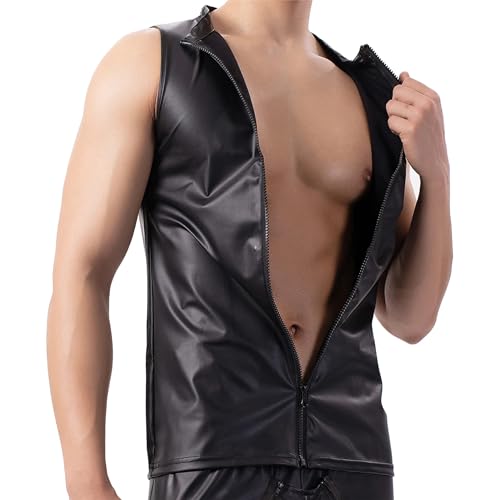 Latex ähnliches Herren Top Oberteil Latex Shirts Herren Tops Herren Latex T-Shirt Männer Sexy Mattes Leder Ärmellose Westen Herren Wetlook Body...