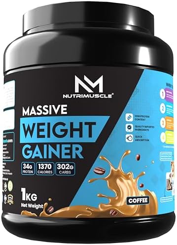 Nutrimuscle Massive Weight Gainer Powder โ 1 Kg | Coffee Flavour | Complex Carbs & Protein Blend for Healthy Weight & Muscle Mass Gain | Men & Women