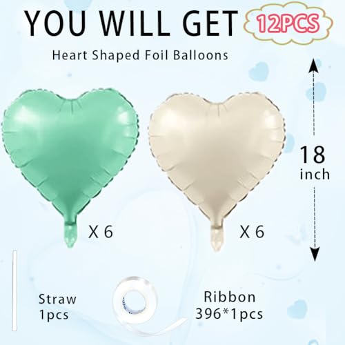 Image of Baby White Heart Balloons,18 Inch Light Green Helium Foil Love Heart Shaped Balloons for Anniversary Wedding Engagement Birthday Party Baby Shower Valentines Decorations(12Pcs)