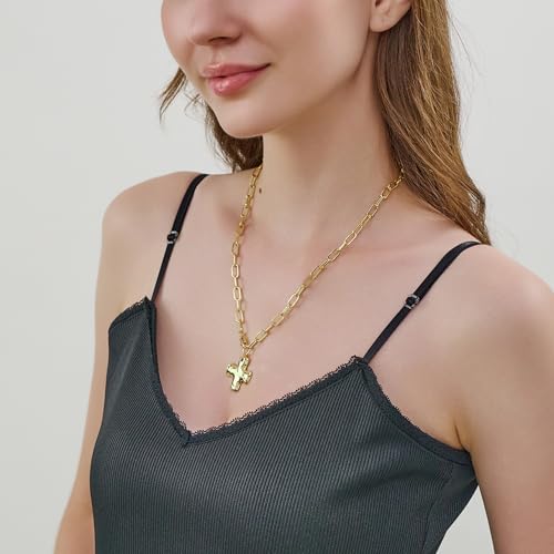 Chunky Cross Necklaces for Women, 14K Real Gold Plated Statement Simple Dainty Pendant Necklace Trendy Charm Choker Paperclip Chain Necklace Body Summer Beach Jewelry4