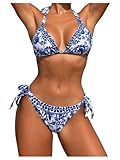 Milumia Women's Boho Floral Halter Bikini Set Tie Side Low Waisted 2 Piece Swimsuits Blue and White Large